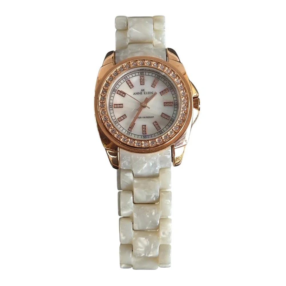 Anne Klein Women's Watch 10/9668 Rose Gold Tone White Resin Crystal Bezel 5.5